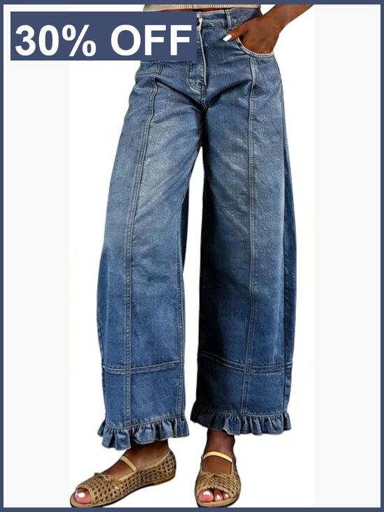 Denim - Floral Print Wide Leg Baggy Patchwork Denim Pants